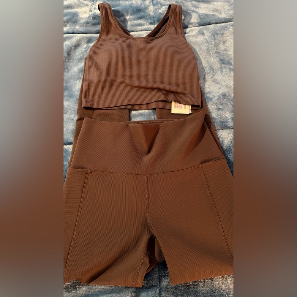 CALIA WOMENS SEAMLESS BRAMI BROWN SIZE XS NWT & CALIA WOMEN’S BROWN LEGGINGS SZS